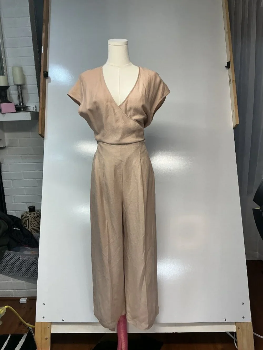 Wilfred Linen Lyocell Wrap Wide Leg Jumpsuit Size 2 Beige Neutral Resort